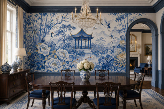 Chinoiserie Wallpaper Blue And White Removable Chinese Garden Pavilion Wall Decor