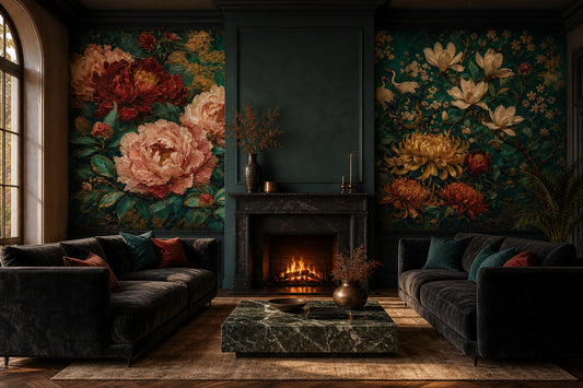 Floral Wallpaper Dark Teal Background Removable Oriental Chinoiserie Wall Decor
