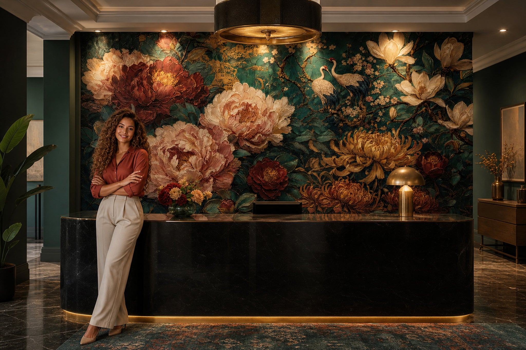 Floral Wallpaper Dark Teal Background Removable Oriental Chinoiserie Wall Decor