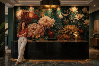 Floral Wallpaper Dark Teal Background Removable Oriental Chinoiserie Wall Decor