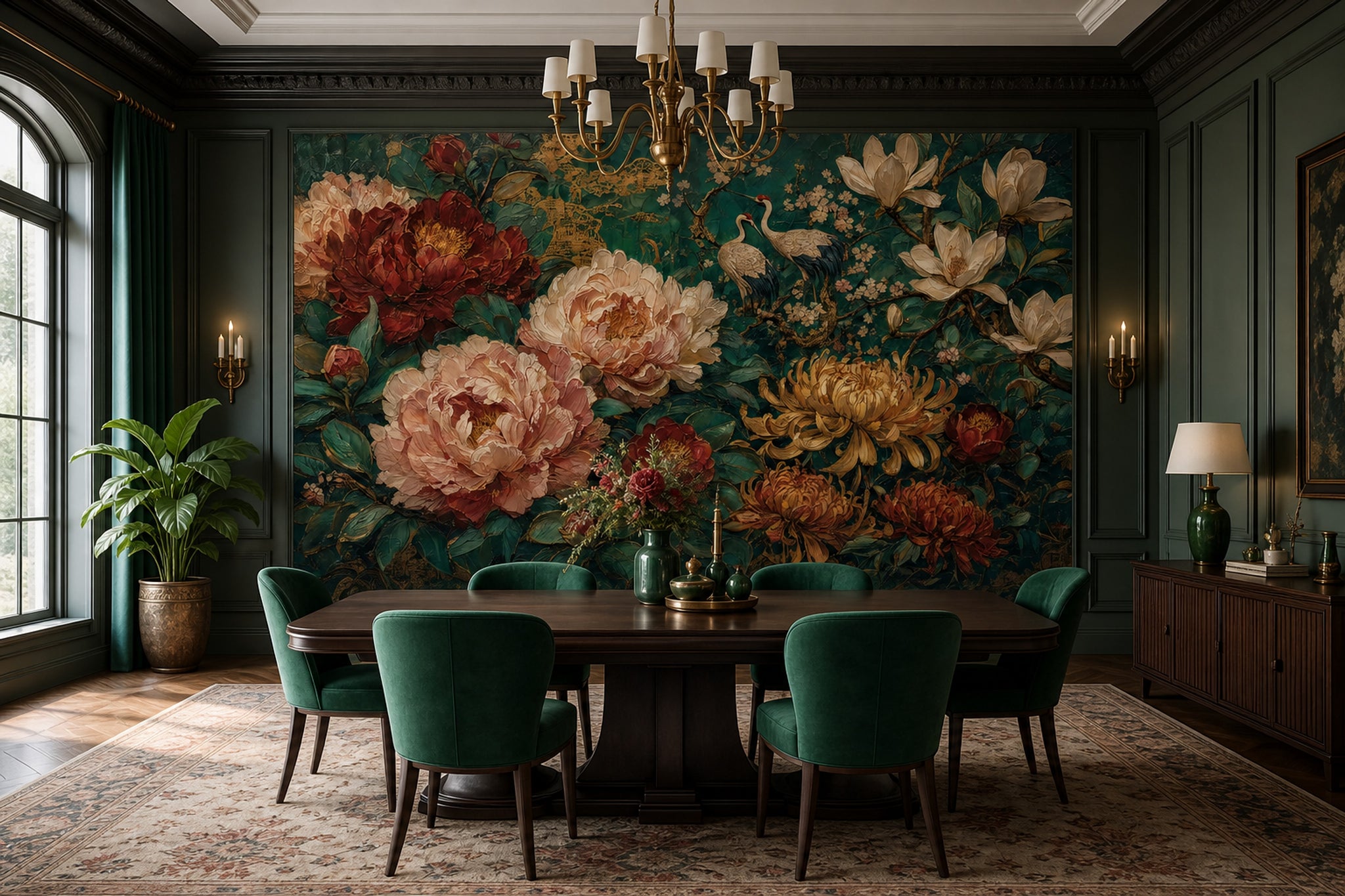 Floral Wallpaper Dark Teal Background Removable Oriental Chinoiserie Wall Decor