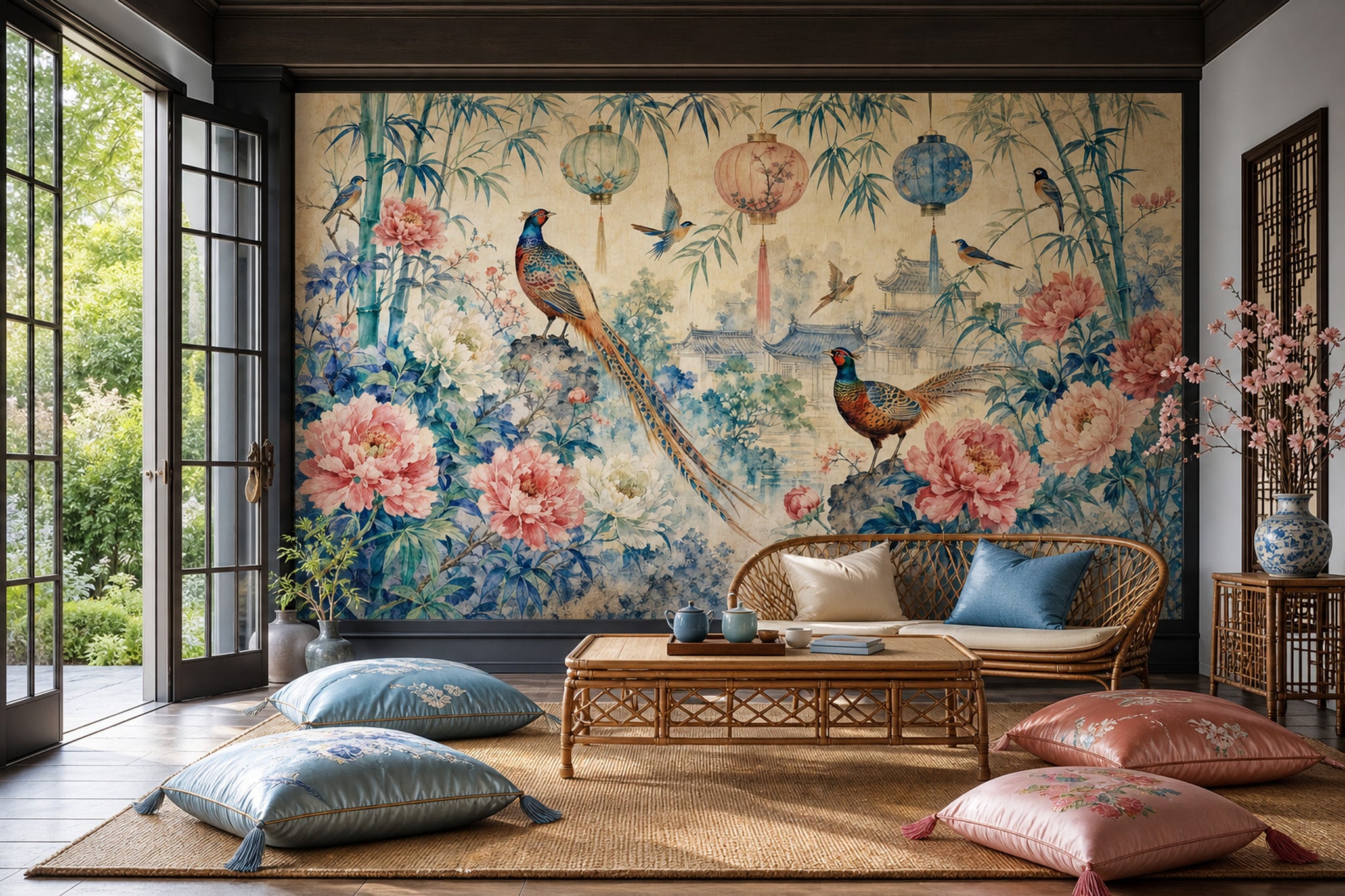 Chinoiserie Wallpaper Watercolor Removable Temple Landscape Wall Decor