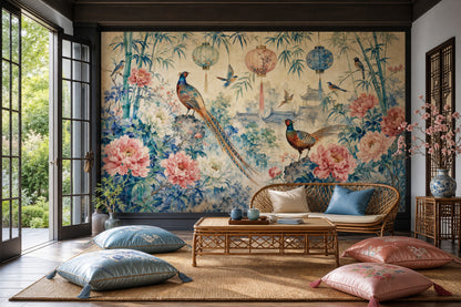 Chinoiserie Wallpaper Watercolor Removable Temple Landscape Wall Decor