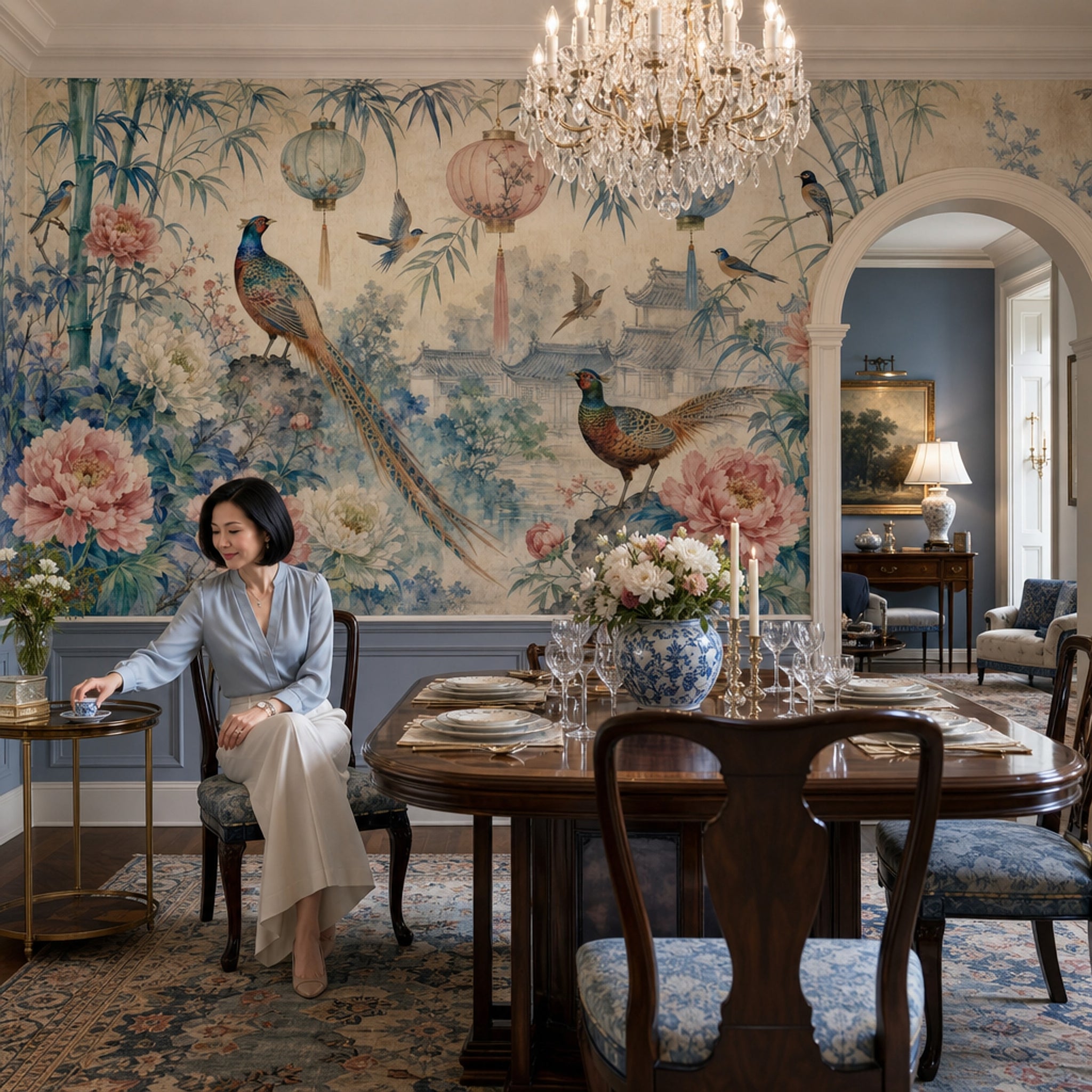 Chinoiserie Wallpaper Watercolor Removable Temple Landscape Wall Decor