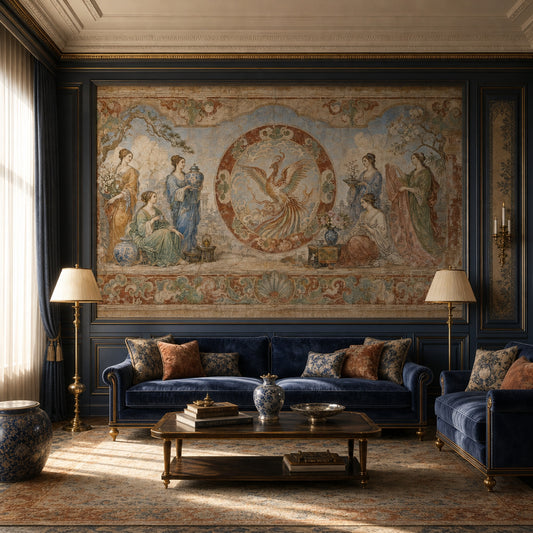 Vintage Fresco Mural Wallpaper Phoenix Medallion Blue And White Porcelain Removable Wall Decor