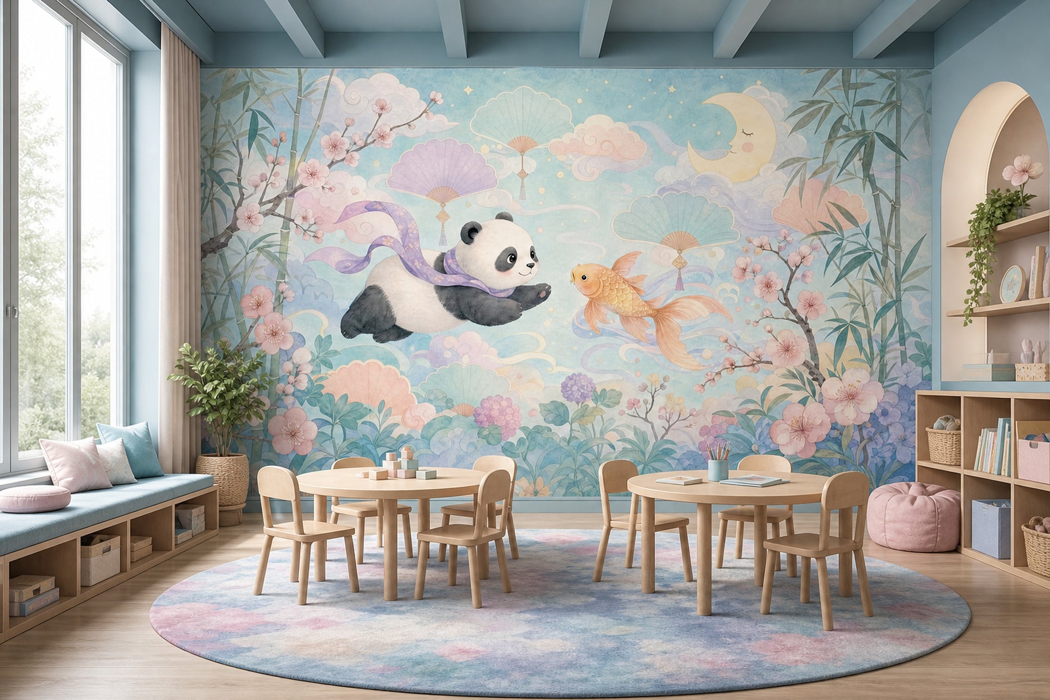 Pastel Watercolor Wallpaper Panda Koi Fish Wall Mural