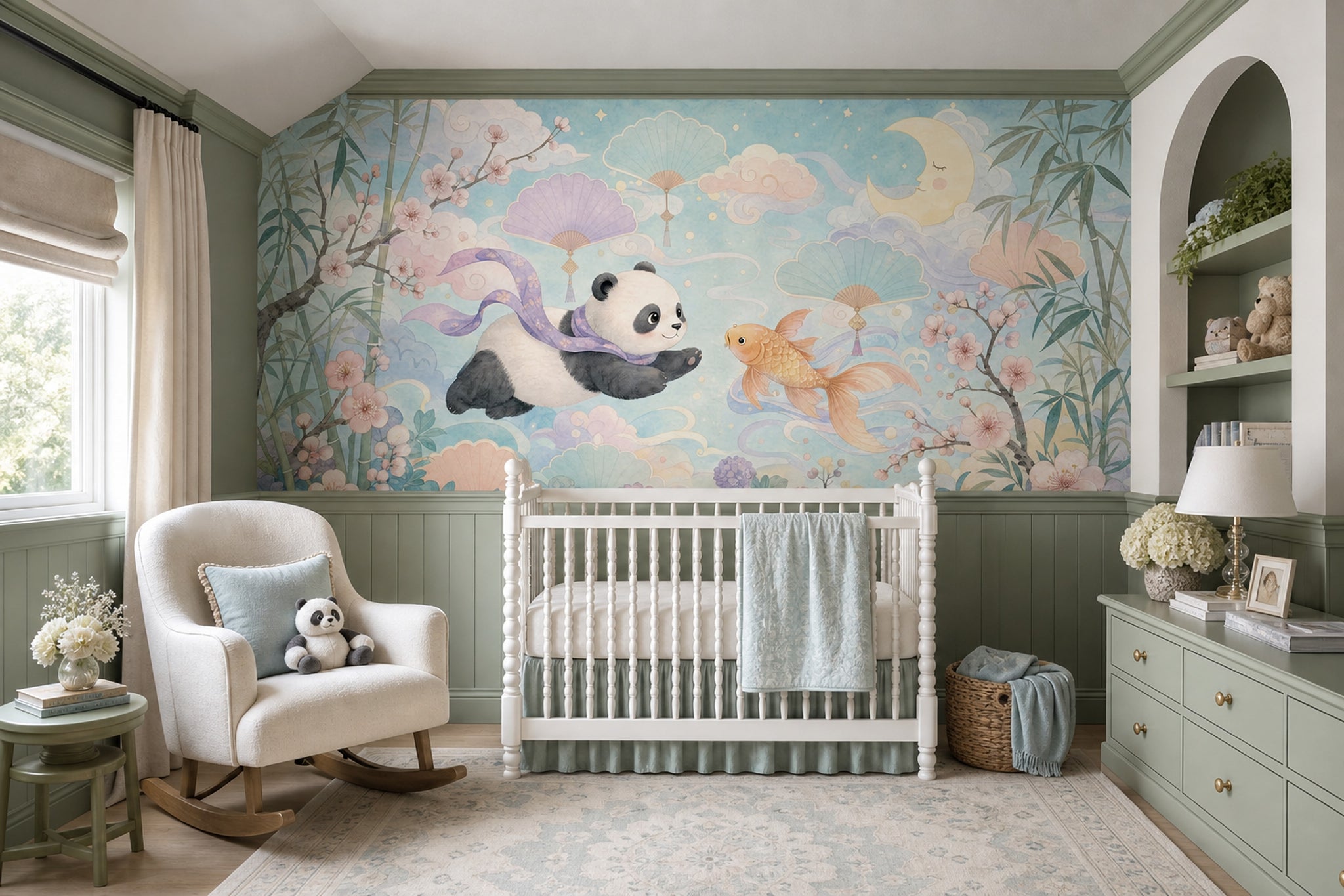 Pastel Watercolor Wallpaper Panda Koi Fish Wall Mural