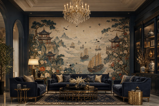 Chinese Landscape Wallpaper Misty Mountains Vintage Mural Removable Wall Decor