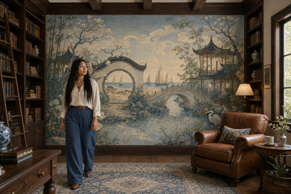 Chinoiserie Wallpaper Asian Garden Removable Pavilion Wall Decor