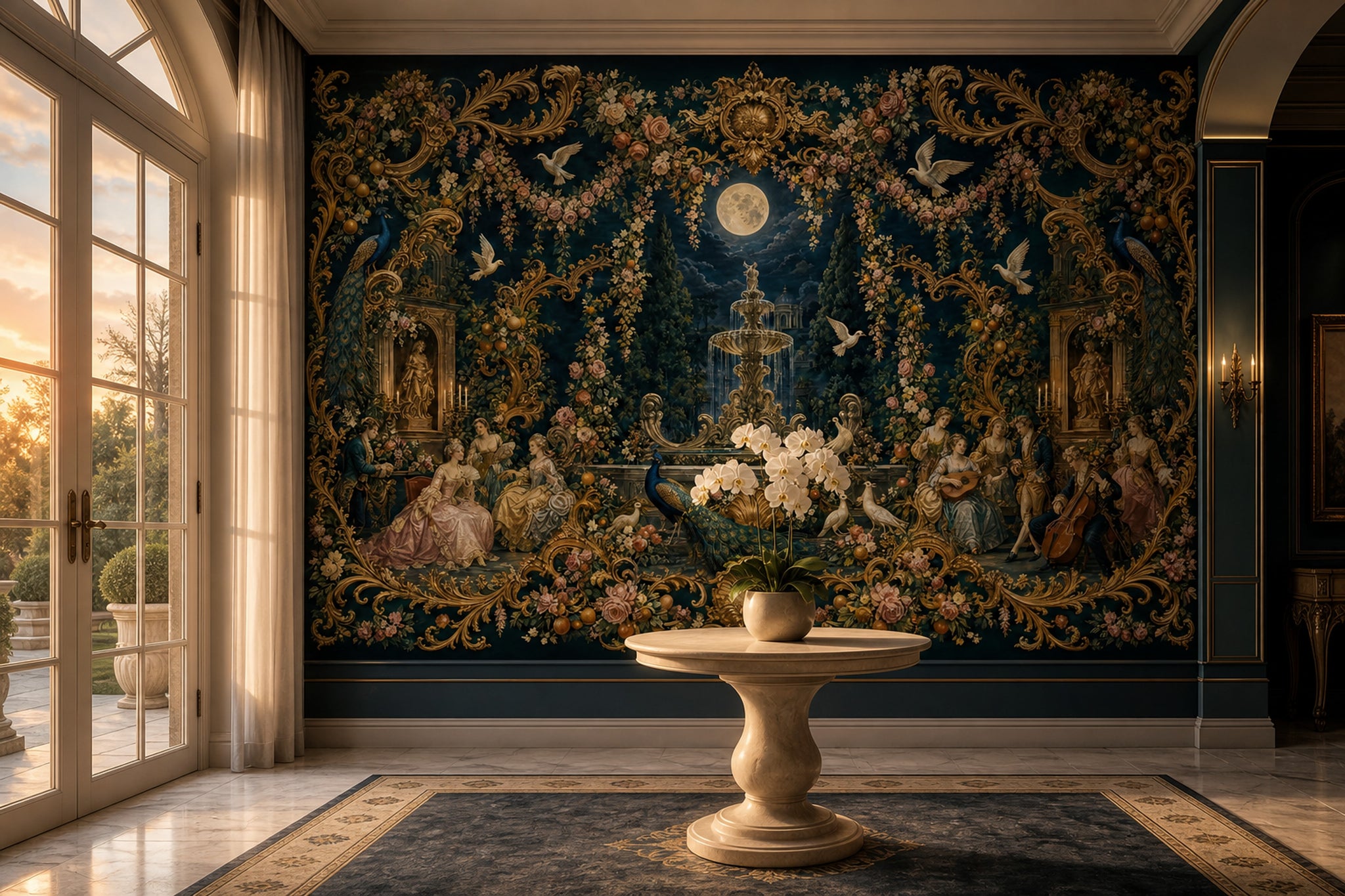 Moonlit Garden Wallpaper Gilded Rococo European Palace Wall Mural