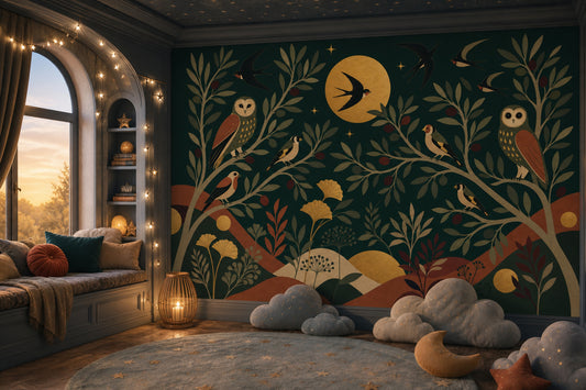 Night Forest Wallpaper Moon Vintage Folk Art Removable Wall Decor