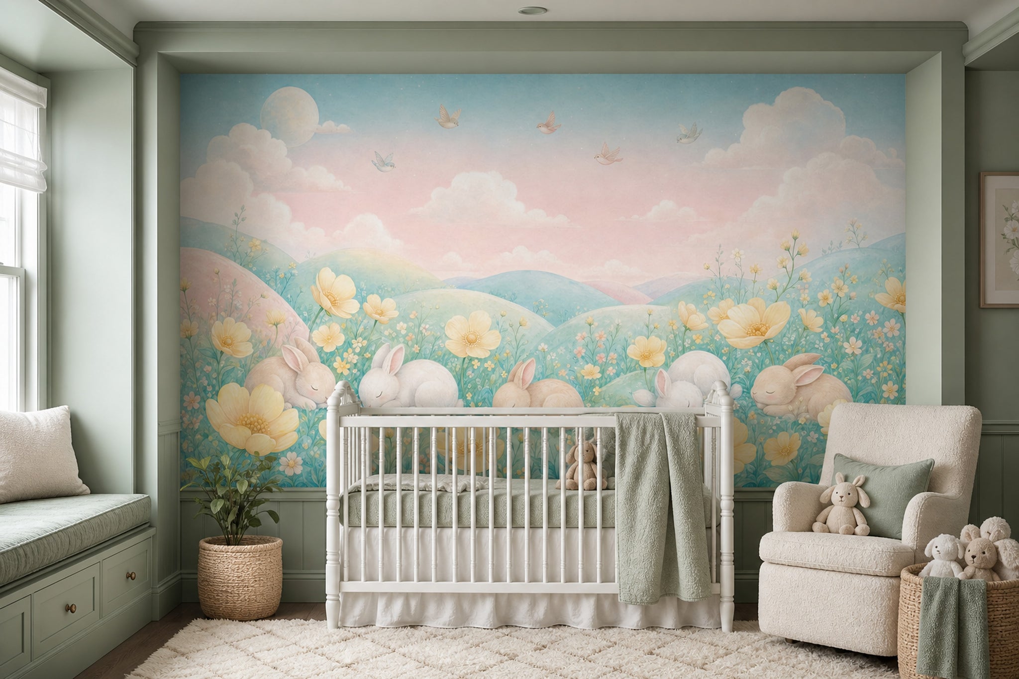 Sleeping Rabbits Wallpaper Pastel Landscape Watercolor Removable Wall Decor