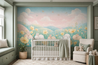 Sleeping Rabbits Wallpaper Pastel Landscape Watercolor Removable Wall Decor