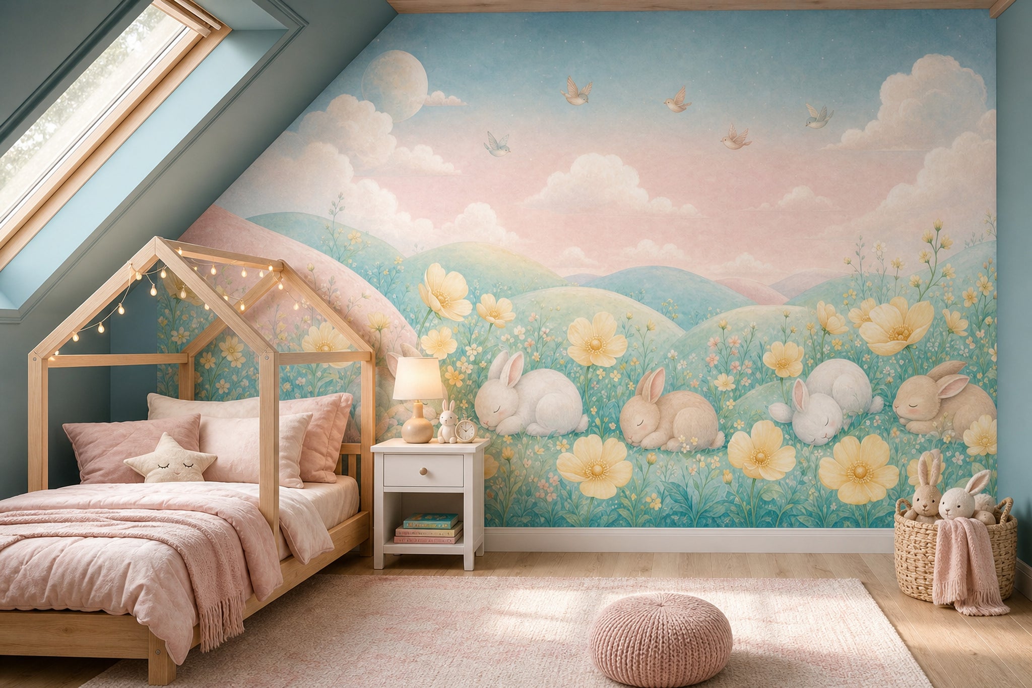 Sleeping Rabbits Wallpaper Pastel Landscape Watercolor Removable Wall Decor
