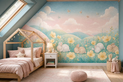 Sleeping Rabbits Wallpaper Pastel Landscape Watercolor Removable Wall Decor