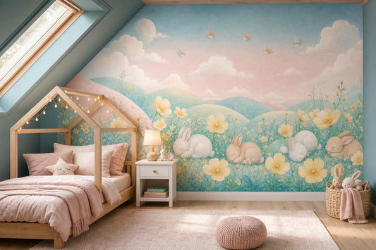 Sleeping Rabbits Wallpaper Pastel Landscape Watercolor Removable Wall Decor