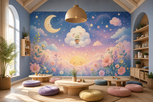 Muted Green Wallpaper Pastel Sky Moon And Stars Removable Wall Decor