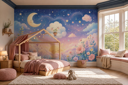 Muted Green Wallpaper Pastel Sky Moon And Stars Removable Wall Decor