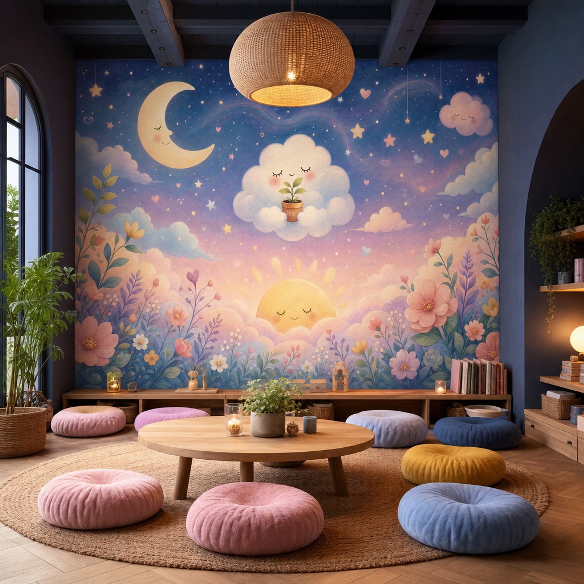 Muted Green Wallpaper Pastel Sky Moon And Stars Removable Wall Decor