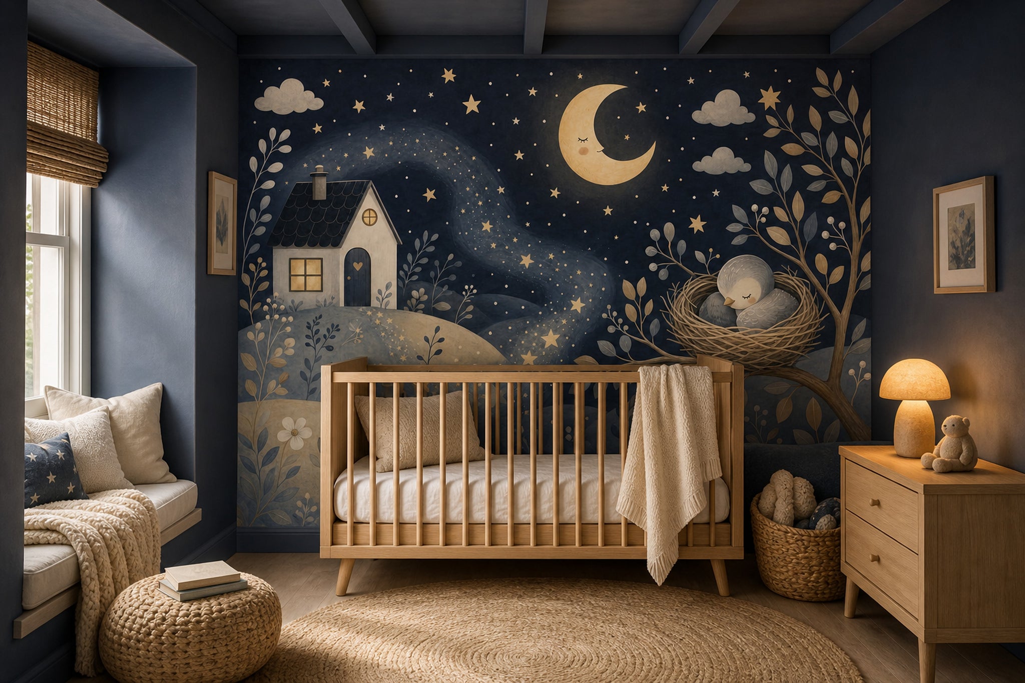 Dark Night Sky Wallpaper Crescent Moon Stars Removable Wall Decor
