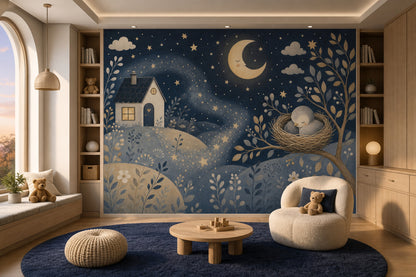 Dark Night Sky Wallpaper Crescent Moon Stars Removable Wall Decor