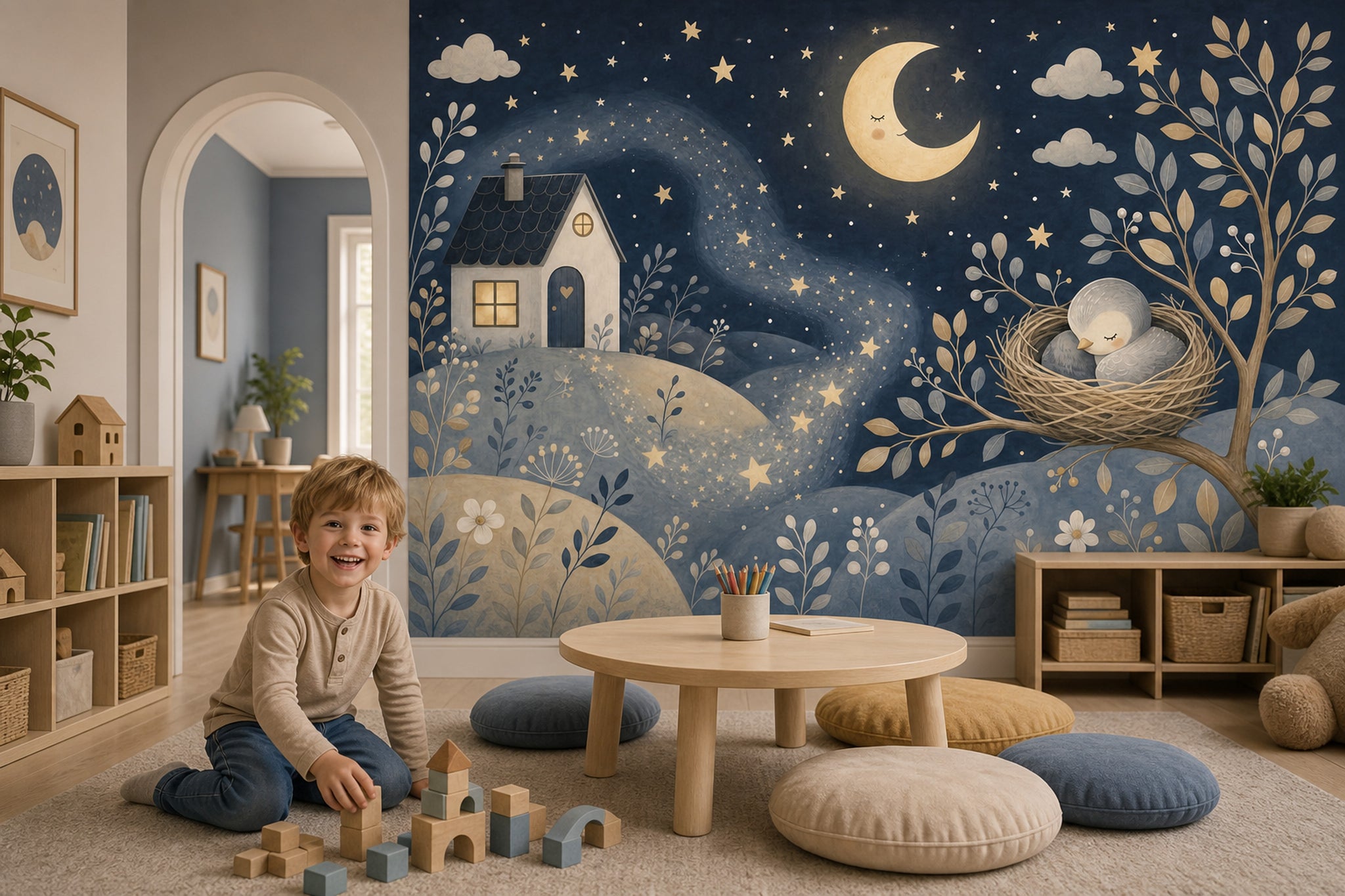 Dark Night Sky Wallpaper Crescent Moon Stars Removable Wall Decor