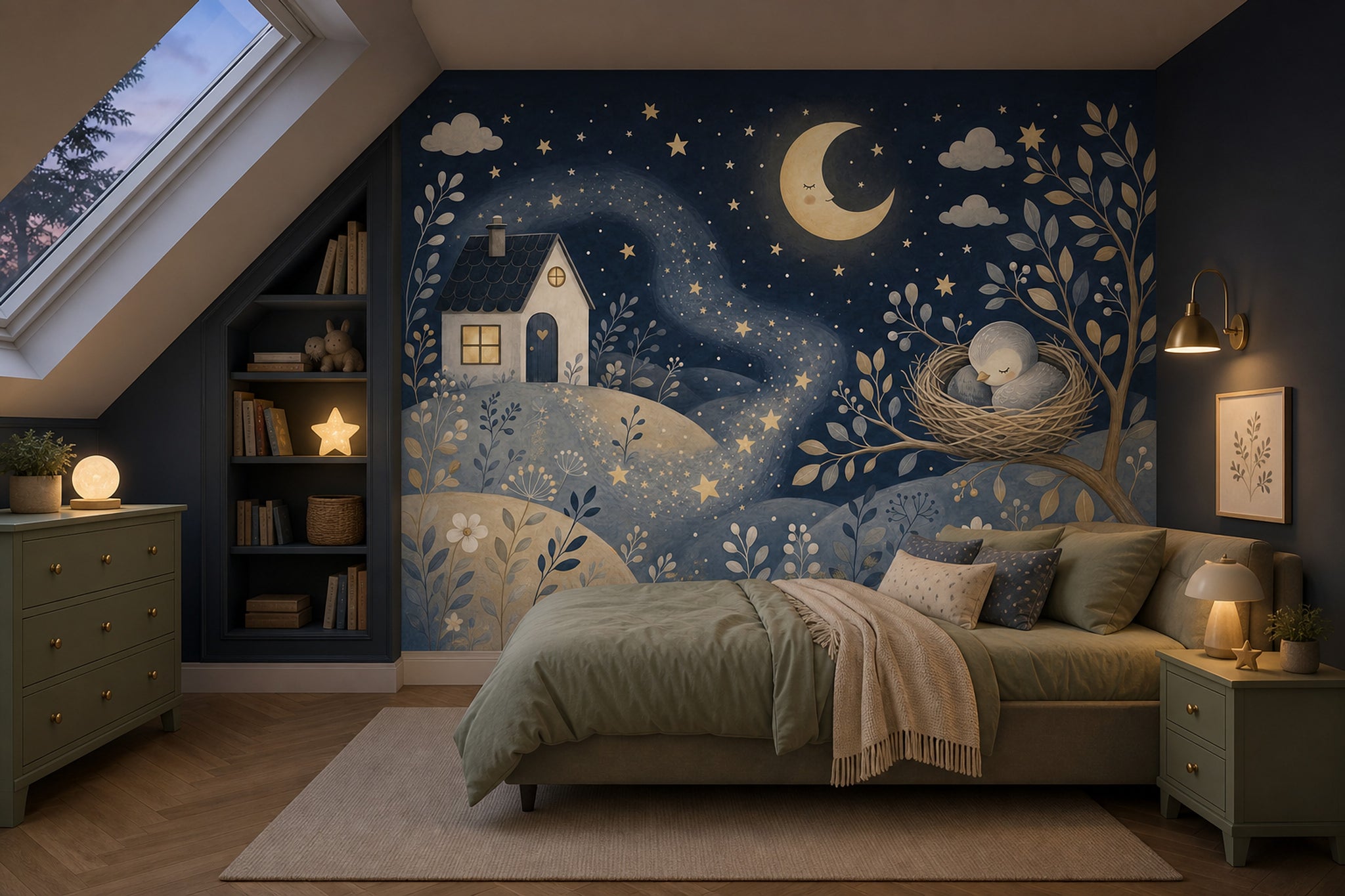 Dark Night Sky Wallpaper Crescent Moon Stars Removable Wall Decor