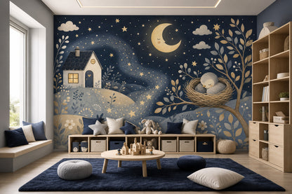Dark Night Sky Wallpaper Crescent Moon Stars Removable Wall Decor