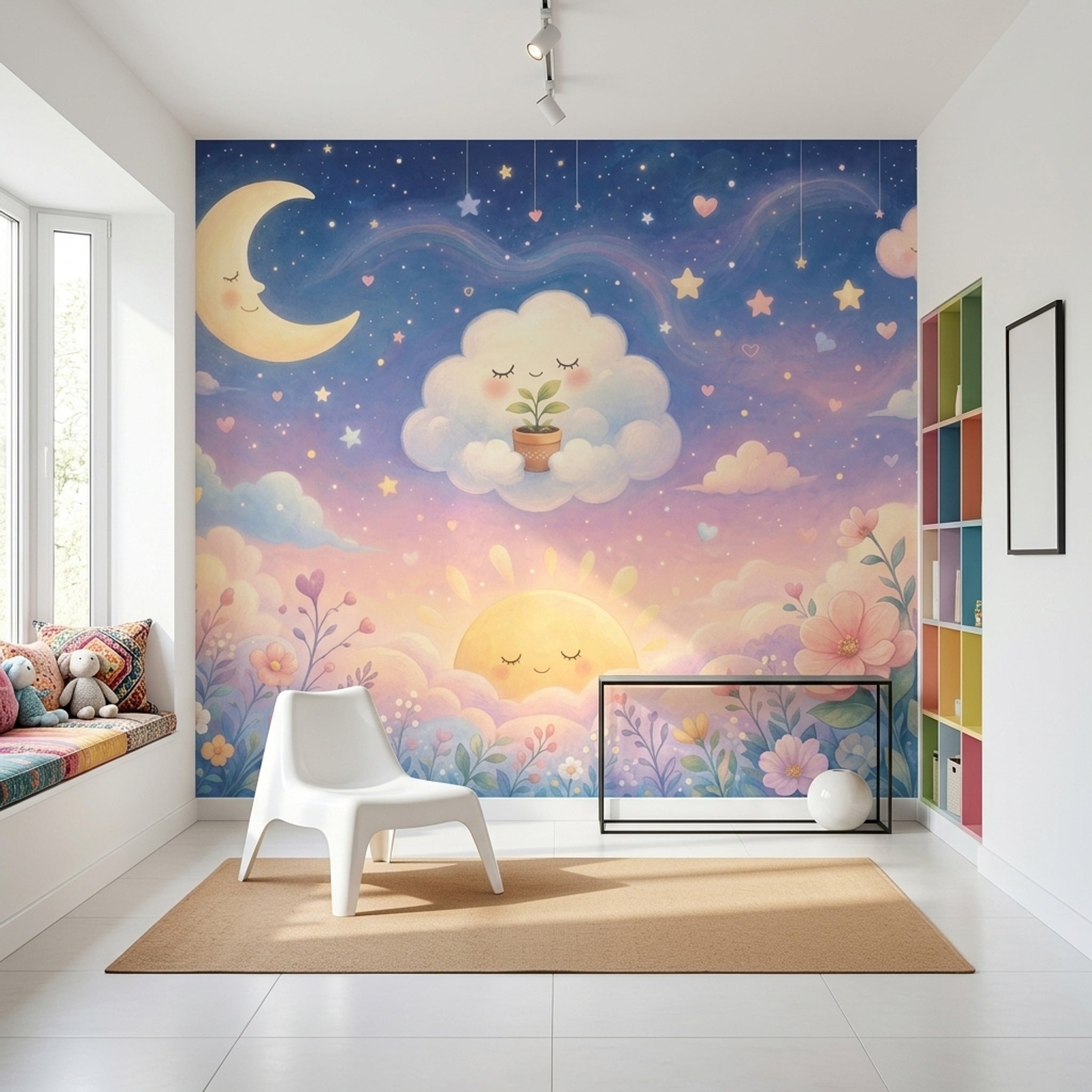 Muted Green Wallpaper Pastel Sky Moon And Stars Removable Wall Decor