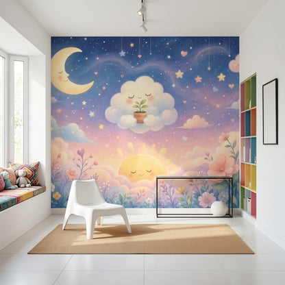 Muted Green Wallpaper Pastel Sky Moon And Stars Removable Wall Decor