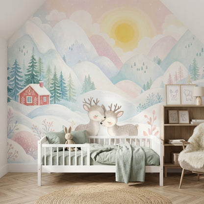 Winter Landscape Wallpaper Snowy Mountains Removable Pastel Watercolor Wall Decor