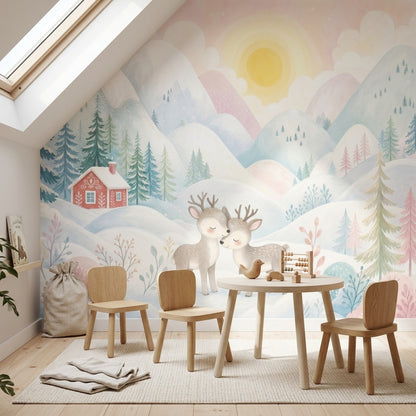 Winter Landscape Wallpaper Snowy Mountains Removable Pastel Watercolor Wall Decor