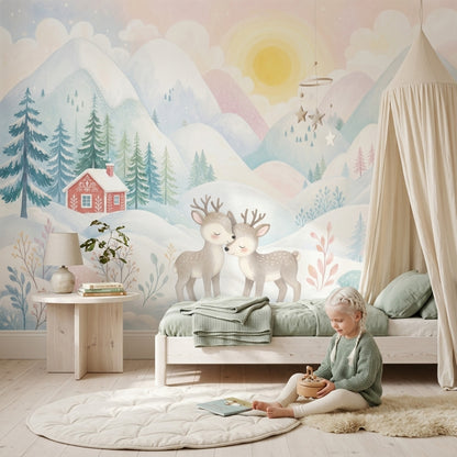 Winter Landscape Wallpaper Snowy Mountains Removable Pastel Watercolor Wall Decor