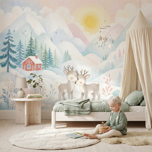 Winter Landscape Wallpaper Snowy Mountains Removable Pastel Watercolor Wall Decor