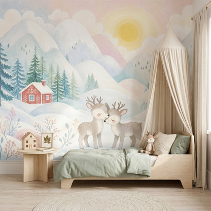 Winter Landscape Wallpaper Snowy Mountains Removable Pastel Watercolor Wall Decor
