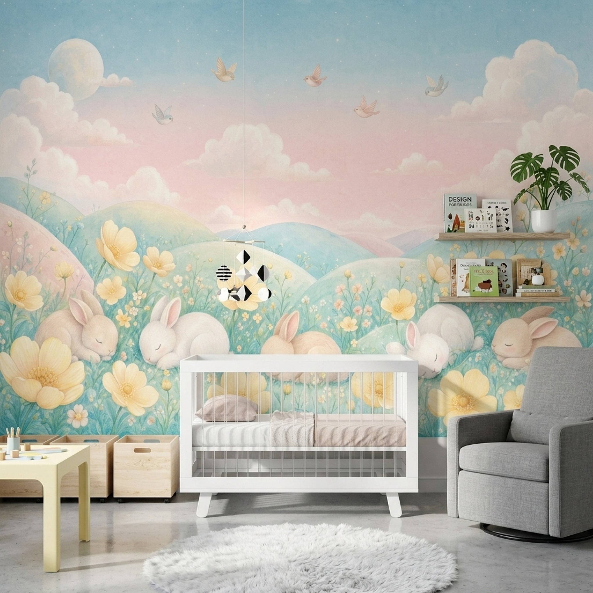 Sleeping Rabbits Wallpaper Pastel Landscape Watercolor Removable Wall Decor