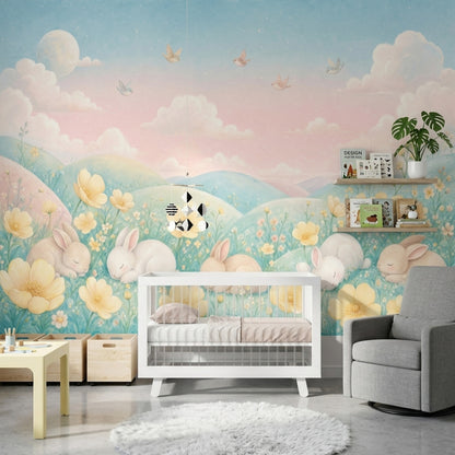 Sleeping Rabbits Wallpaper Pastel Landscape Watercolor Removable Wall Decor