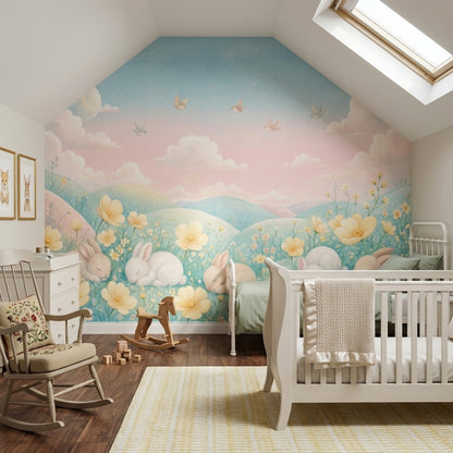 Sleeping Rabbits Wallpaper Pastel Landscape Watercolor Removable Wall Decor