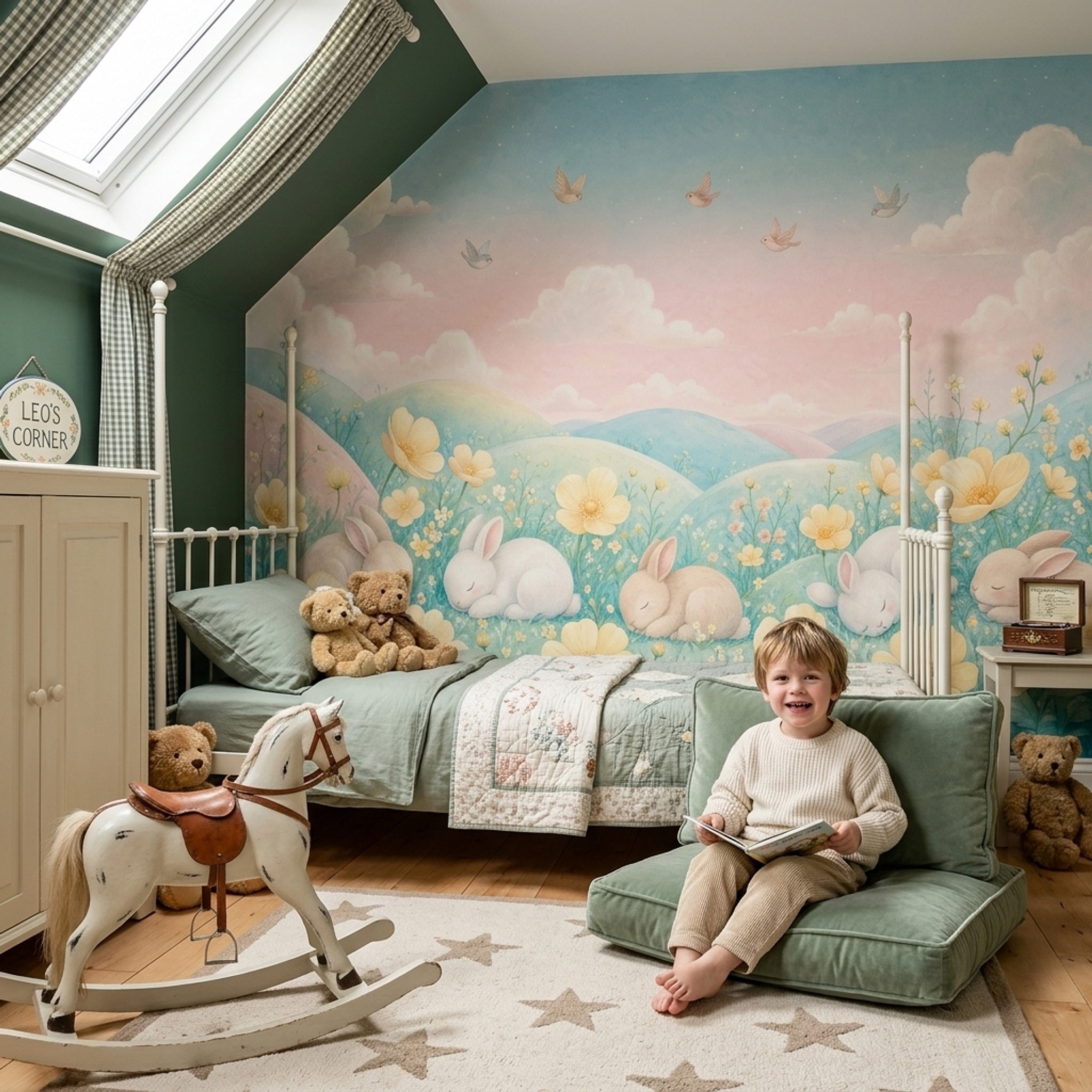 Sleeping Rabbits Wallpaper Pastel Landscape Watercolor Removable Wall Decor