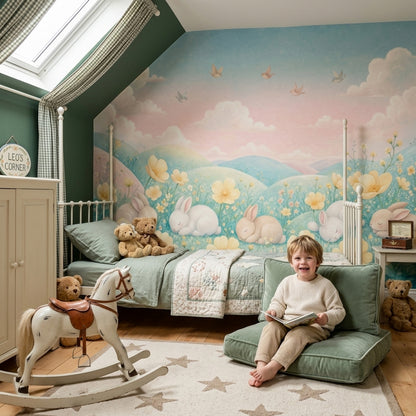 Sleeping Rabbits Wallpaper Pastel Landscape Watercolor Removable Wall Decor