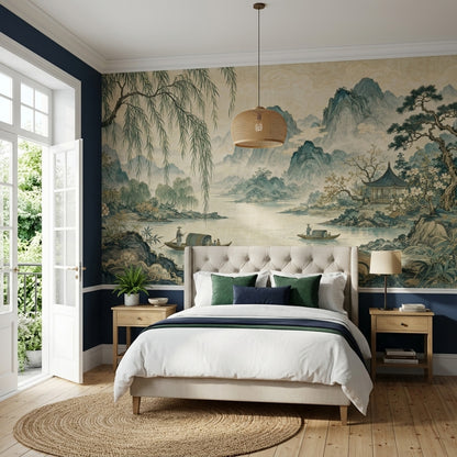 East Asian Landscape Wallpaper Misty Mountains River Wall Mural