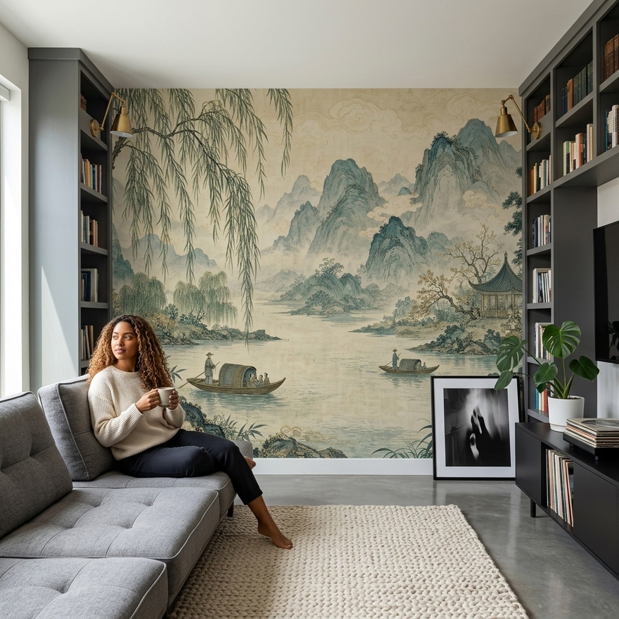 East Asian Landscape Wallpaper Misty Mountains River Wall Mural