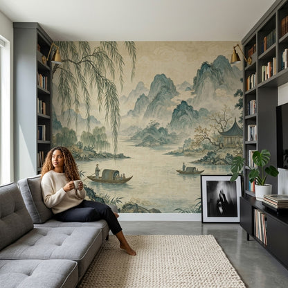 East Asian Landscape Wallpaper Misty Mountains River Wall Mural