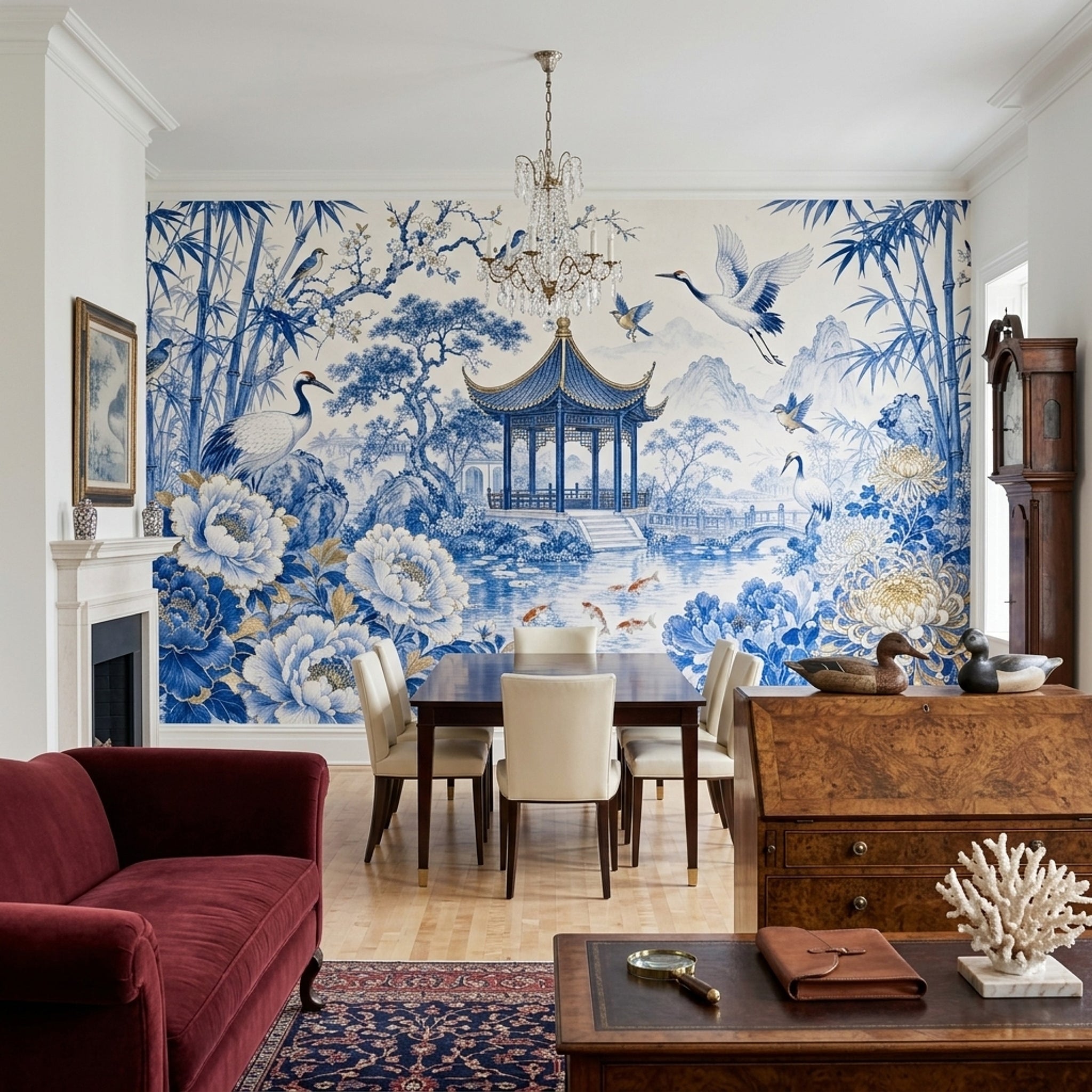 Chinoiserie Wallpaper Blue And White Removable Chinese Garden Pavilion Wall Decor
