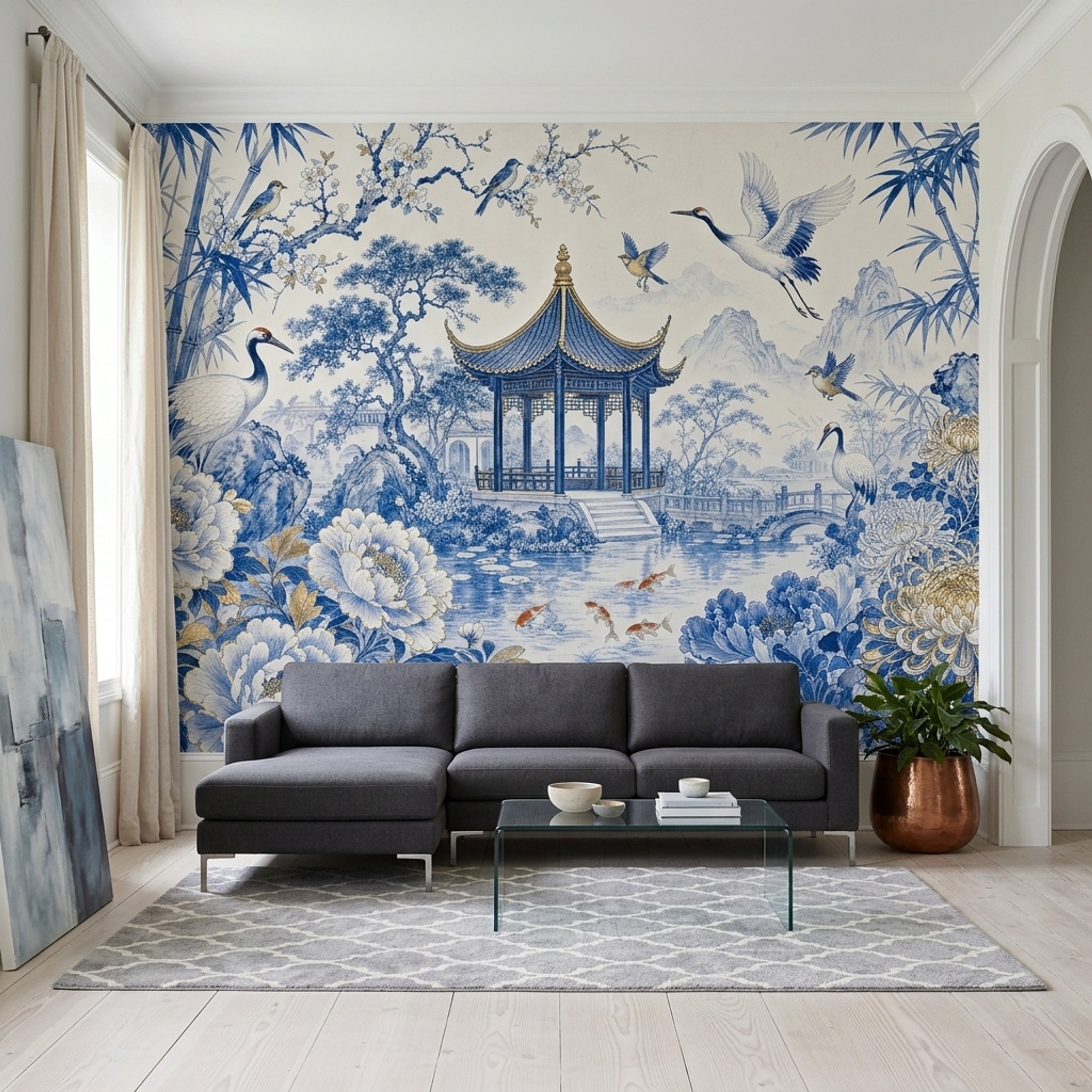 Chinoiserie Wallpaper Blue And White Removable Chinese Garden Pavilion Wall Decor