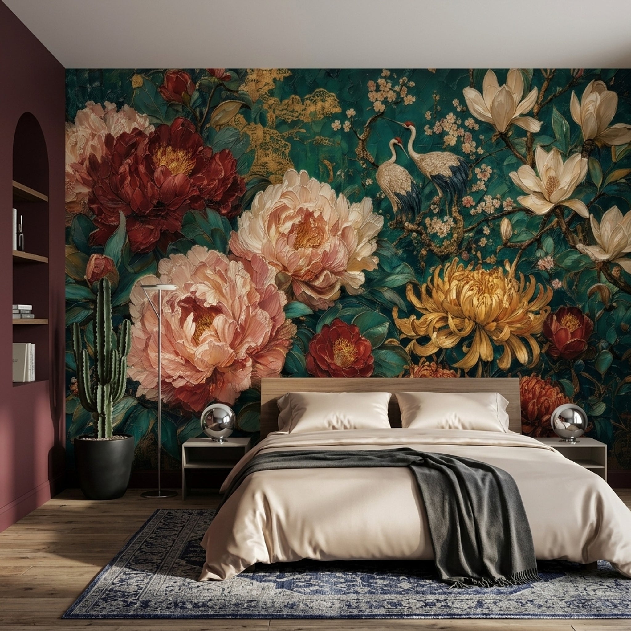Floral Wallpaper Dark Teal Background Removable Oriental Chinoiserie Wall Decor