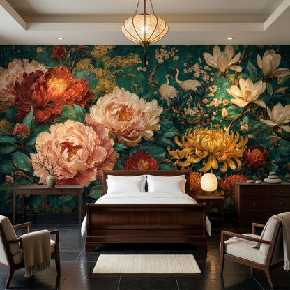 Floral Wallpaper Dark Teal Background Removable Oriental Chinoiserie Wall Decor