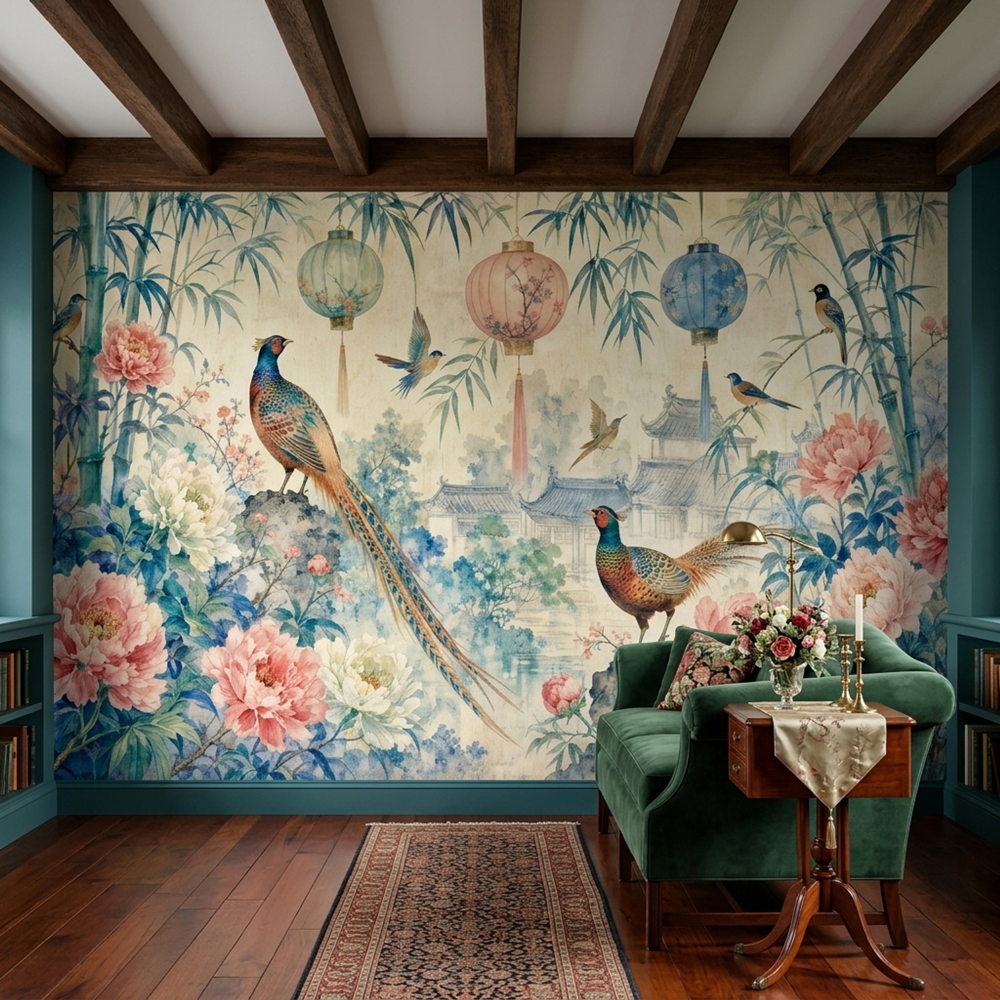 Chinoiserie Wallpaper Watercolor Removable Temple Landscape Wall Decor