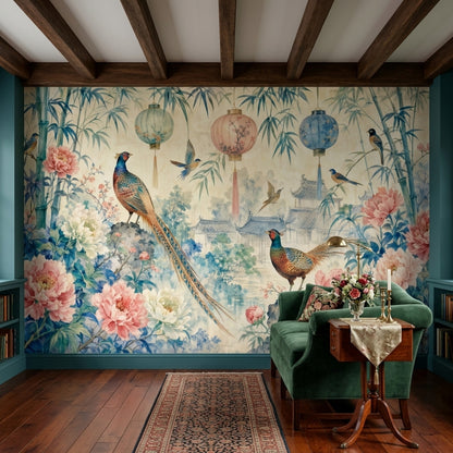 Chinoiserie Wallpaper Watercolor Removable Temple Landscape Wall Decor