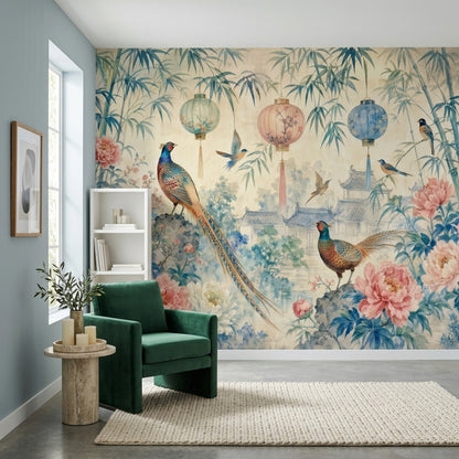 Chinoiserie Wallpaper Watercolor Removable Temple Landscape Wall Decor